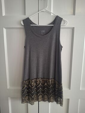 LOGO by Lori Goldstein Charcoal Tank with Gold Lace Trim